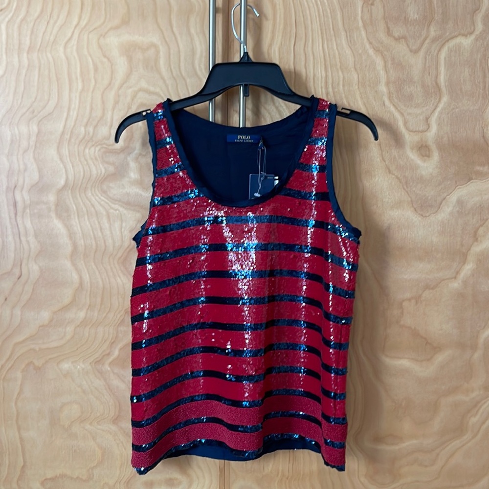 Gorgeous POLO RALPH LAUREN beaded sequin silk red and navy top